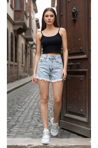 Layal My Beauty Lmb Kadın Jeans Yüksek Bel Likralı Paçası Püsküllü Denim Kot Şort Yeni Sezon New1 Buz Mavi
