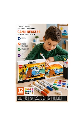 12 Renk Akrilik Markör Keçeli Kalem 1 Paket Cengo 12 Li Acrylic Marker Taş Cam Metal Seramik Plastik Tuval Ahşap