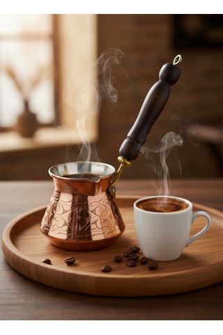 Ludıa İşlemeli Ahşap Saplı El Yapımı Eskitme Bakır Cezve M3