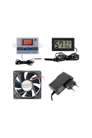 Kuluçka Makinesi Seti - 4 Parça - W3001 Termostat 220v - Isı Nem Ölçer - 12v Adaptör - 80x80 12v Fan-4930