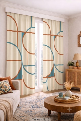 Modern Vintage Desenli Fon Perdesi 140x260 Cm 2 Kanat Dekoratif Dijital Baskılı Premium Salon Oturma Odası Yatak Odası Pencere Perdesi Beyaz
