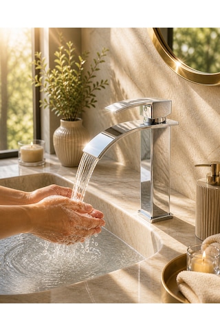 Eshome Krom Kare Lavabo Bataryası Şelale Akışlı Kare Gövde Modern Banyo Musluğu Çift Su Girişli Premium