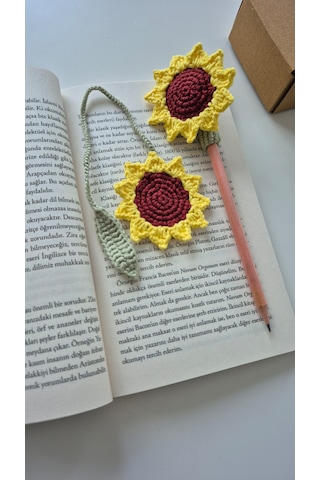 Ay Çiçeği Set Amigurumi Kitap Ayracı Ve Kalem Süsü Hediyelik Ürün Kalem Başlığı