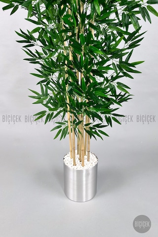 Biçiçek Yapay Bambu Ağacı 180cm Metal Saksıda Yoğun Yapraklı 7 Dallı