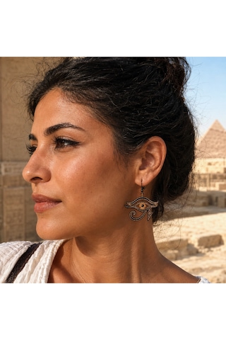 El Yapımı Horus Ra Gözü Ahşap Kadın Küpe - 4mm Huş Ağacı Antik Mısır Mistik Vicdanın Gözü Siyah