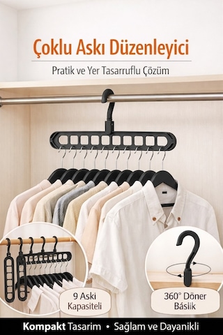 Jasper Siyah Çok Fonksiyonlu 9 Gözlü Dolap Içi Düzenleyici Organizer Sihirli Askı Tişört Gömlek Elbise Ask