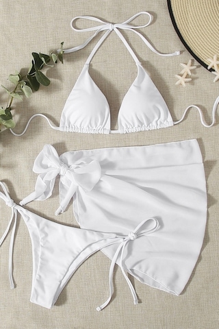 Angelsin Pareolu Bağlamalı 3'lü Bikini Takım Set Çıkartılabilir Kaplı Beyaz
