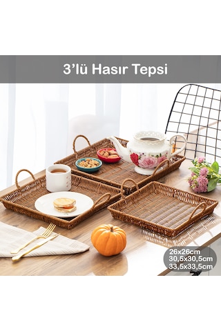 Porsima 709c Kare 3'lü Hasır Tepsi Dekoratif Sunum Servis Tepsisi