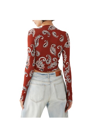 Rabanne Uzun Kollu Desenli Crop Top Kırmızı