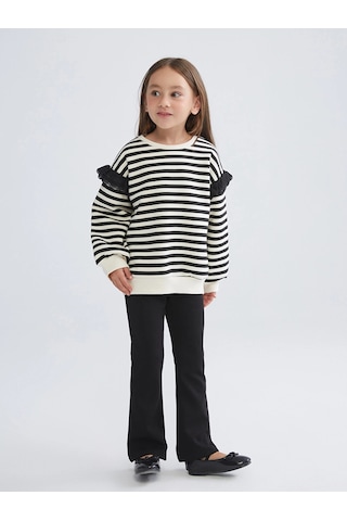 LC Waikiki Lcw Kids Siyah Bisiklet Yaka Çizgili Kız Çocuk Sweatshirt Black Strıped