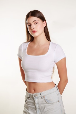 Mea Capio Kadın Fitilli Crop Kare Yaka Fitilli Kısa Kollu T-shirt Atlet Beyaz