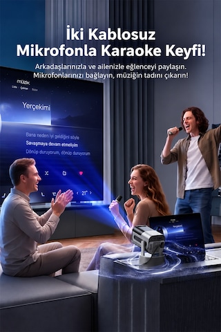 Vd-pjt004 Android 14 Akıllı Projeksiyon Cihazı, 4k Destekli 720p Hd, 180 Ansı, 180 Döner Stand, Karaoke, 2 Kablosuz Mikrofon, Dahili Hoparlör, Wifi 5g, Bluetooth 5.0, Hdmı, Usb, Mini Projektör