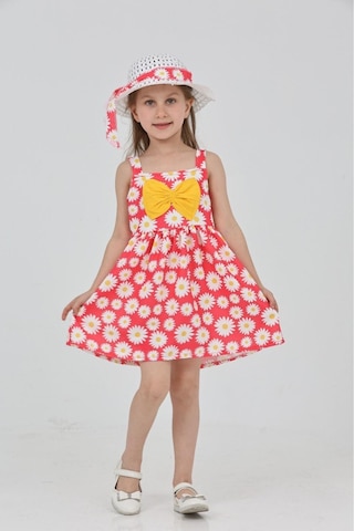 Papatya Baskılı Askılı Şapkalı Elbise Fuşya