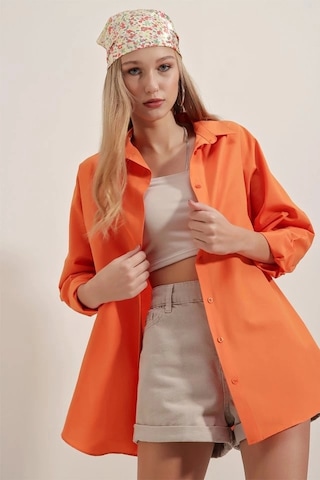 Defymoda 3900 Oversize Uzun Basic Gömlek - Turuncu Turuncu