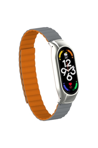 Xiaomi Mi Band 7 Krd-69 Mıknatısla Ayarlanan Kordon Parçalı Çizgili Tasarım - Gri-turuncu