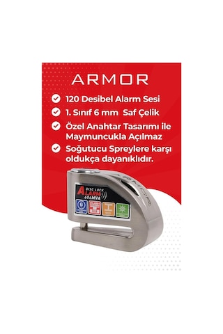Armor Alarmlı Motorsiklet Disk Kilidi Çelik Gövde 606 Mva 6mm-inox