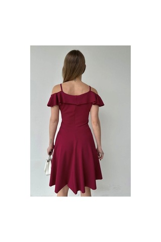 Lior Design Kadın Trend Model Esnek Krep Kumaş Kruvaze Yaka Volanlı Abiye Elbise Bordo