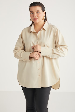 ETHIQUET AMARABB Kadın %100 Organik Pamuk Oversize Fit Poplin Manşetli Bej Büyük Beden Gömlek