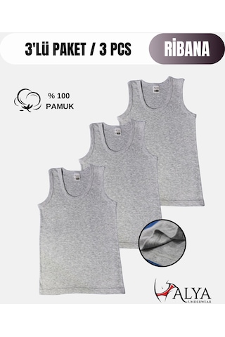 Alya Underwear Erkek Çocuk Pamuk Ribana Atlet Oval Yaka 3'lü Paket Gri-tgm