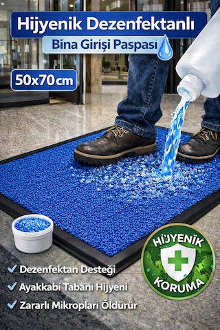 Myfloor Renkli Dezenfektan 50x70 Cm Kıvırcık Paspaslı Hijyenik Kauçuk Paspas Mavi