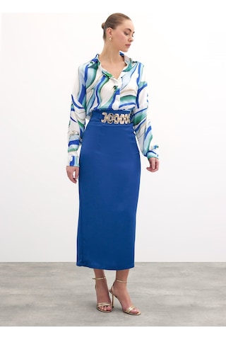 Sateen Gold Aksesuarlı Uzun Etek - Saks Mavi-135888 Saks Mavi