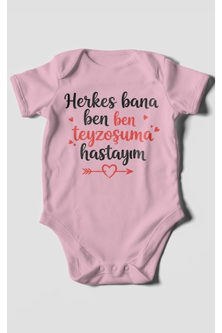 Herkes Bana Ben Teyzeme Hastayım Baskılı Bebek Zıbını Çıtçıtlı Body 8 Renk %100 Pamuk Kısa Kol Koyu Pembe