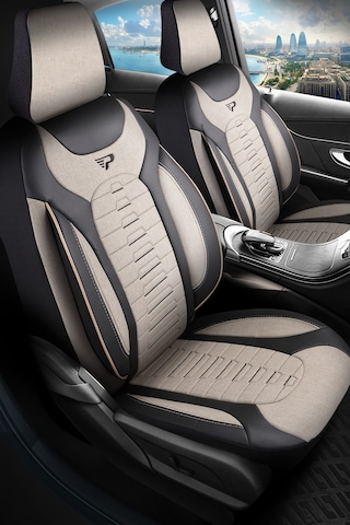 Bej - Siyah Panda Bakü Serısı Keten Kumaş Oto Koltuk Kılıfı - Tam Set