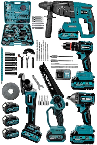 Schatz 21v Darbeli Kömürsüz 5'li Set Kırıcı Delici Hilti - Somun Sıkma Sökme - Testere - Matkap - Vidalama Mavi