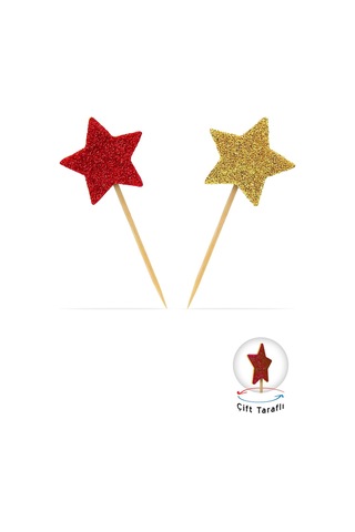 Gold-kırmızı Çift Taraflı Yıldız Simli Eva Kürdan Cupcake Toppers Cupcake Çubuğu 12'li