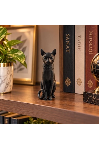 Kedi Biblo Mısır Kedisi Bastet Esintili Siyah Dekoratif Figür Ev Ofis Masa Raf Vitrin Süsü