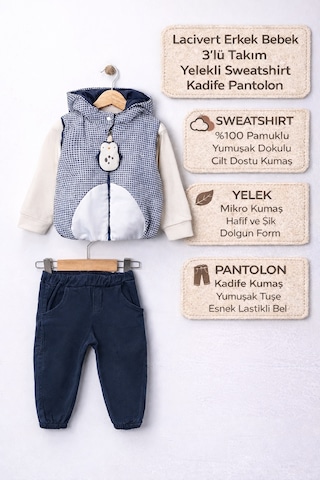 Harika Kids Erkek Bebek 3 Lü Takım 9-24 Ay Şişme Yelek %100 Pamuk Sweatshirt Kadife Pantolon Lacivert