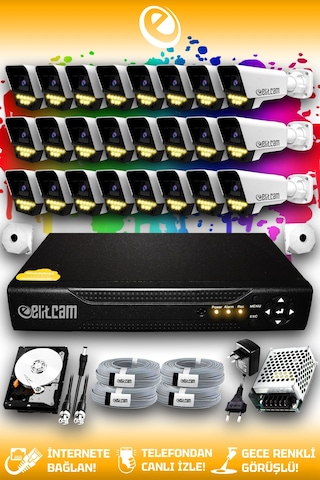Elitcam 24 Kameralı Süper 24 Dış Kamera Set 100 GB 5 MP 2K Net Renkli Gece Görüşlü Güvenlik Kamerası Sistemi