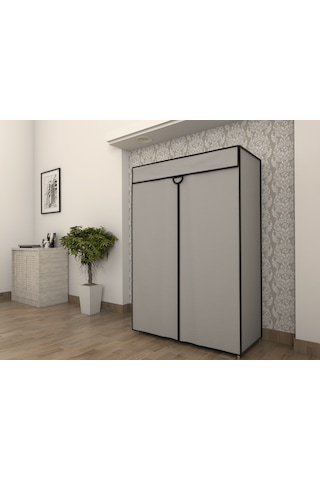 Çelik Borulu Plastik Raflı Gri Bez Dolap Gardırop Gri