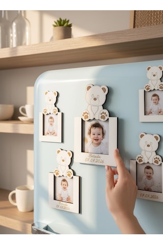 Kişiye Özel Ayıcık Figürlü Ahşap Fotoğraflı Magnet 10'lu Beyaz