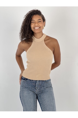 Miss Poem Kadın Boğazlı Yaka Kolsuz Fitilli Bej Crop Triko Bluz Bej