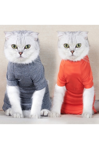 Vkemall Kedi Ameliyat Sonrası Koku Kıyafeti, Dört Ayaklı, Esnek Kumaş, Yara Yalama Engeli, Turuncu, Xs
