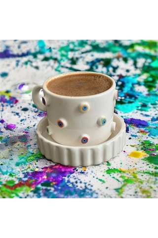 Kabartma Rengarenk Nazar Boncuklu Fincan