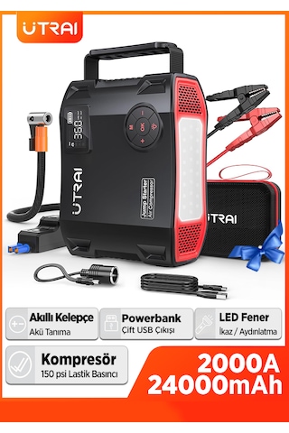 Utrai Jstar 5 24000 mAh 2000A Jump Starter + Lastik Şişirme Pompası Taşınabilir Akü Takviye Cihazı Seti