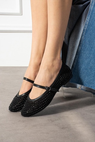 Shoetek Gayz Kadın Babet Önden Bantlı Full Taşlı Siyah Siyah