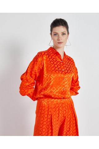 Serpil Exclusive Parlak Dokulu Gömlek Yaka İkili Takım Geniş Paçalı Pantolon Ve Rahat Kesim Üst Parça Orange