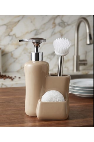 Porselen Tezgah Üstü Fırçalı Süngerli Sıvı Sabunluk Takımı 550 Ml Kahverengi