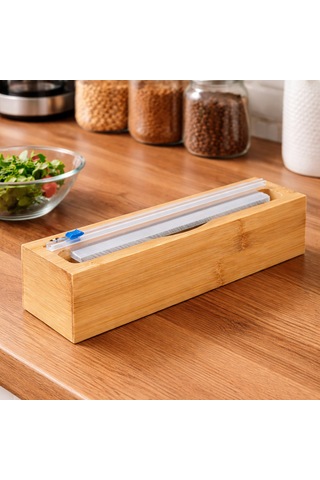 Porsima Pbt-588 Bambu Tek Bölmeli Streç Folyo Kesme Kutusu 33x8x7,5cm Ahşap