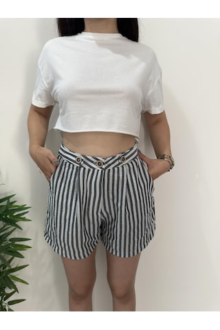 Simli Moda Düğme Detaylı Çizgili Siyah Şort Siyah