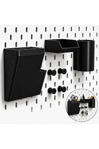 Pegboard Duvar Düzenleyici Organizer Seti Kalemlik, Çok Amaçlı Kutu, Mini Raf Ve Askılık Modüllü Modüler Duvar Organizasyon Sistemi Siyah