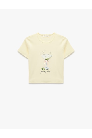 Koton Slim Fit Kısa Kollu Bisiklet Yaka Baskılı Fiyonklu Tişört Sarı 6sal10103ık Sarı