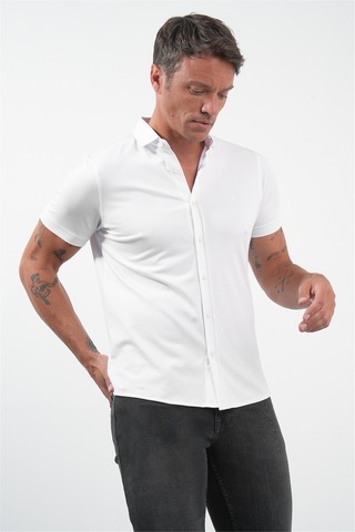 İmza Beyaz İtalyan Yaka Kısa Kol Cepsiz Slim Fit Pamuklu Gömlek 1004260158