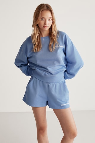 Grımelange Grımelange Jennıfer Kadın Organik Pamuklu Nakışlı Yuvarlak Yakalı Oversize Mavi Sweatshirt Mavi