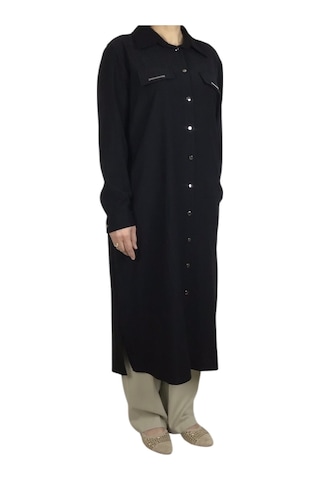 Kadın Önden Metal Düğmeli Yakalı Uzun Tunik Gömlek Siyah