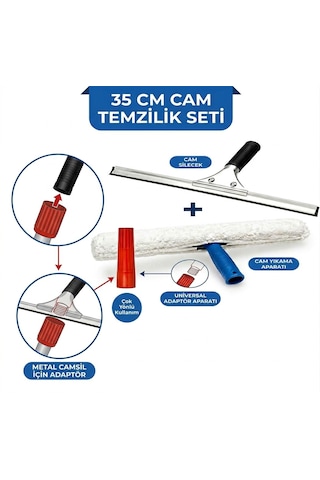 35 Cm Profesyonel Cam Temizlik Seti - Metal Cam Silecek + Mikrofiber Peluş Aparat + Fırça Sapı Uyum Adaptörü Siyah