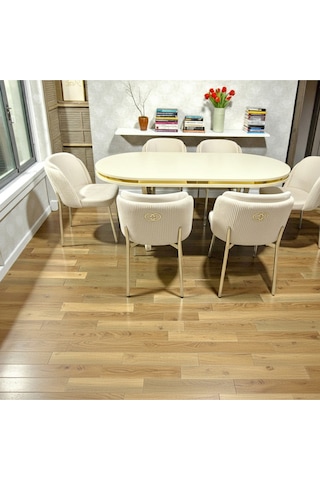 Msy Home 6 Kişilik Aura Gold Serisi Beyaz Lake Oval Yemek Masası Ve Puffy Krem Sandalye Takımı Modern Bej